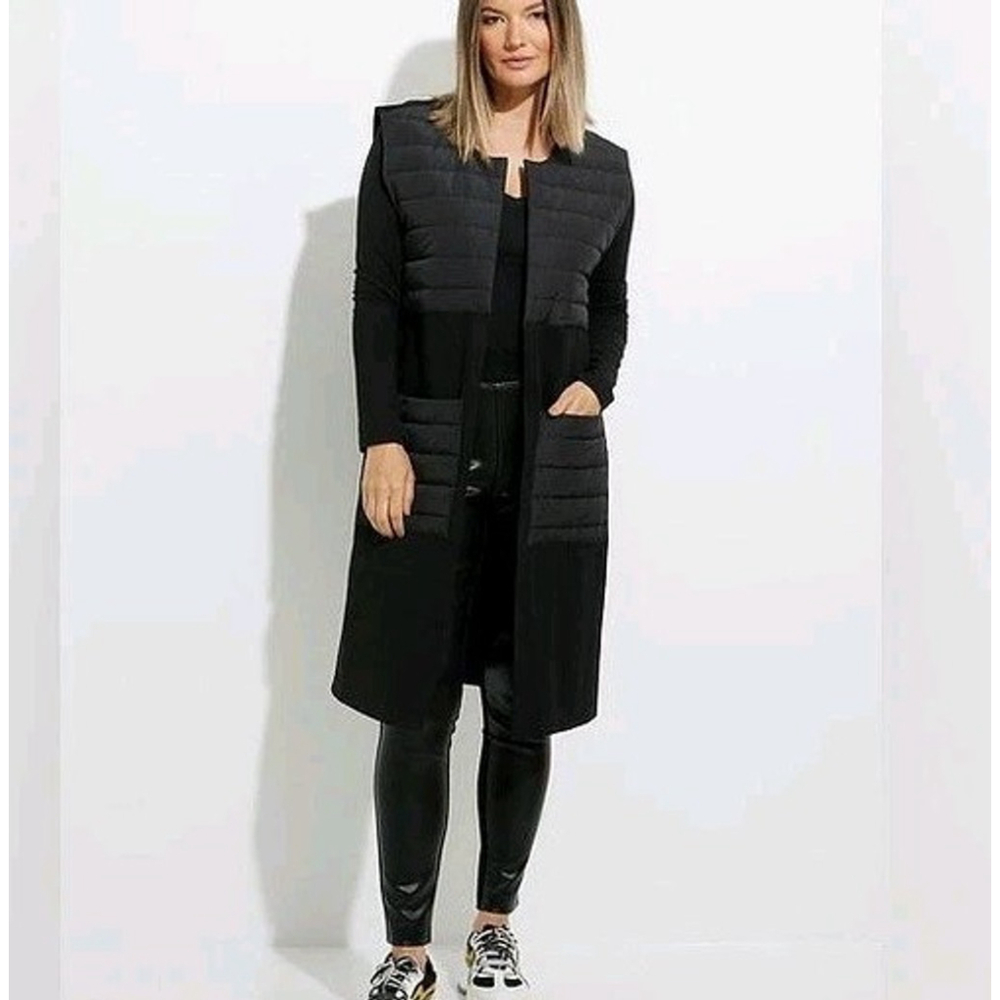 Vintage Joseph Ribkoff Vest Womens Size 12 Black Faux Leather Fleece Collar Zip